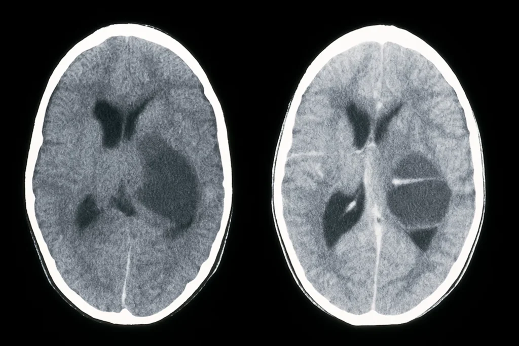 An example of a CT brain scan for an article discussing advanced tumour testing methods like the ROBIN tumour test