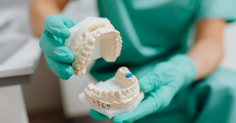 How To Straighten Your Smile Without Braces image of a dentist holding a mould of someone's teeth for an article about Myobrace