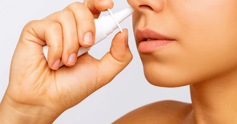 an image of a woman using a nasal tanning spray