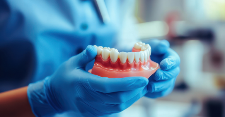 image of a dentist holding dentures
